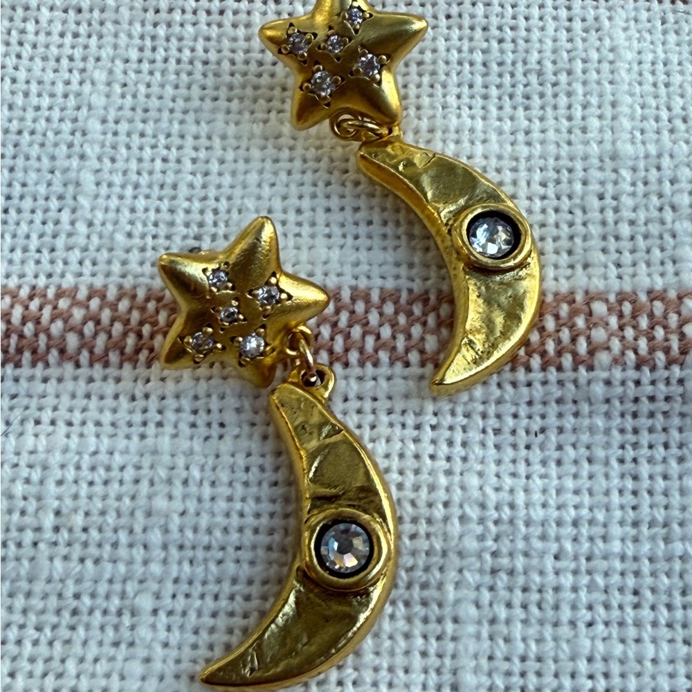 Gold Star and Moon Earrings | Celestial Drop Earrings | Cubic Zirconia Jewelry |